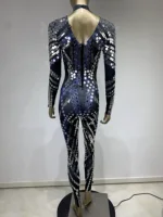 Women Black Geometric Sequins Long Sleeved Stretch Tight Jumpsuit Y2K Bar Nightclub DJ Female Singer Stage Performance Clothing - Image 4