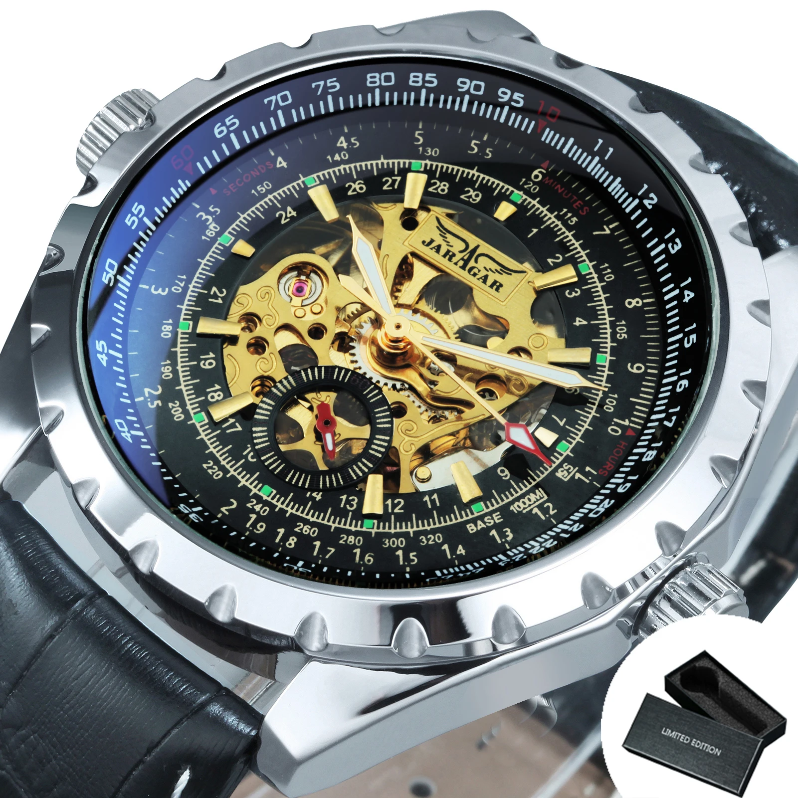 Luxury JARAGAR Men's Skeleton Mechanical Watch with Luminous Hands and Leather-Steel Strap