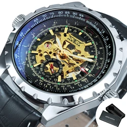 Luxury JARAGAR Men's Skeleton Mechanical Watch with Luminous Hands and Leather - Steel Strap (BOX LEATHER BLACK)