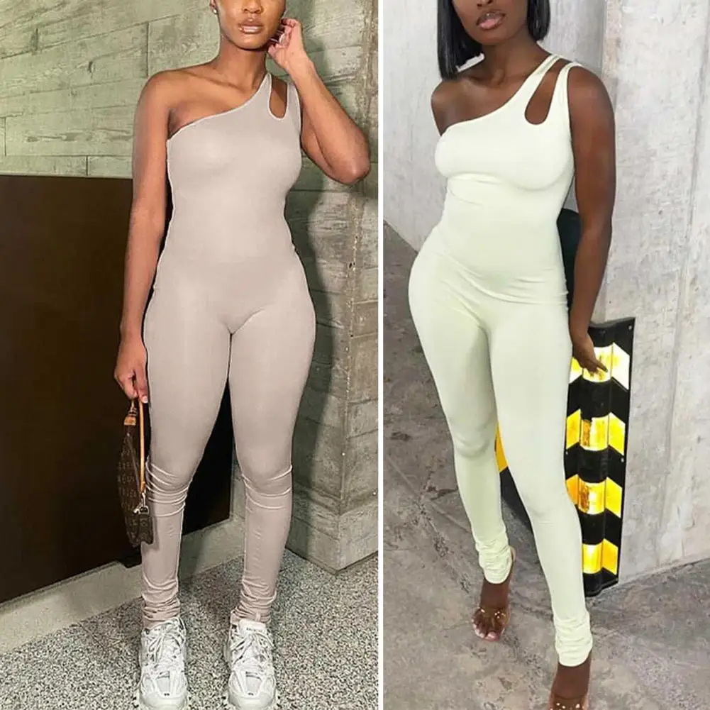 

Summer Women Jumpsuit Solid Color Sleeveless Hollow Out One Shoulder Skinny Slim Romper Clubwear Streetwear Active Wear