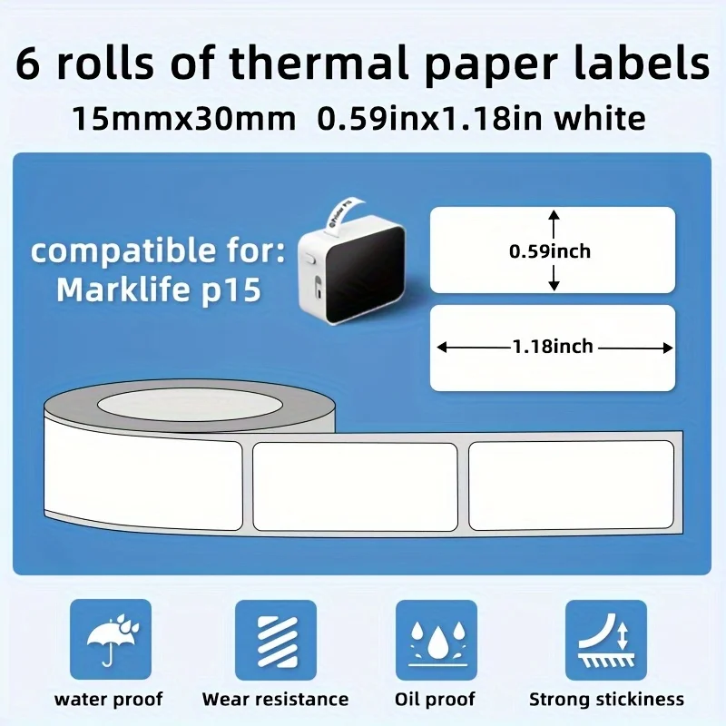 P15 열전사 라벨 테이프 15x30mm 흰색 투명 자가 점착 스티커 5롤 휴대용 미니 라벨 프린터용