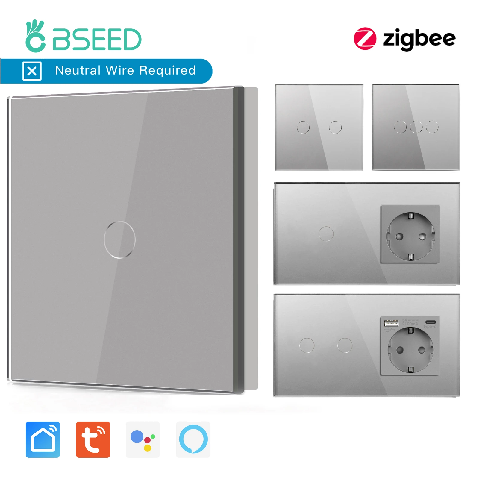Interruptor de Luz Bseed-zigbee Interruptor de Toque na Parede Soquete Normal Porta de Carga Usb tipo c Tuya Smart Life Controle Doméstico do Google Gang Gang 3gang