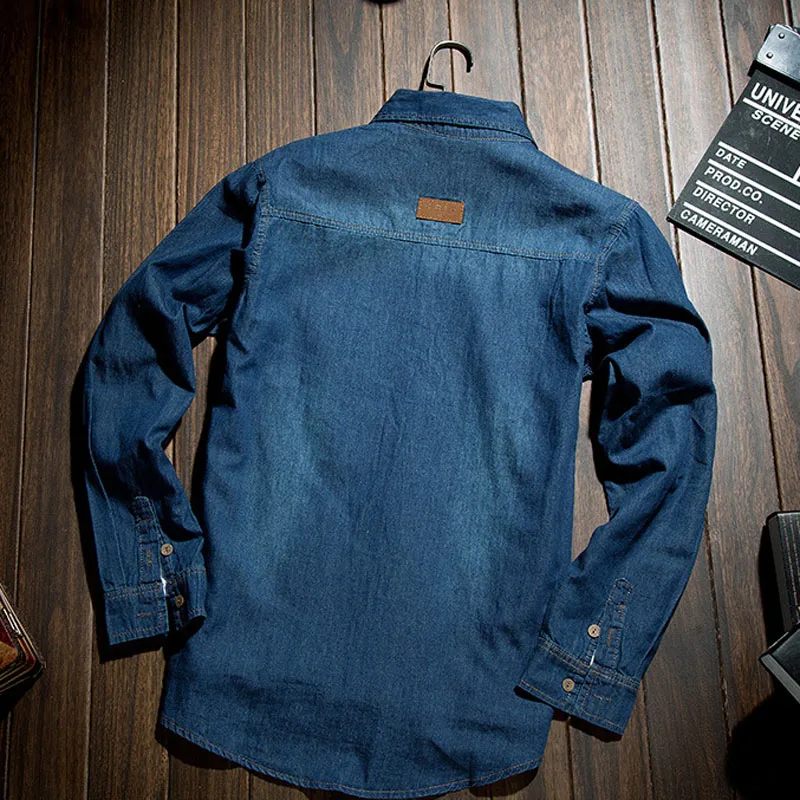 Fashion Classic Retro Jeans Shirt with Pocket Slim Fit Men's Long Sleeve Blue MY850 for Spring