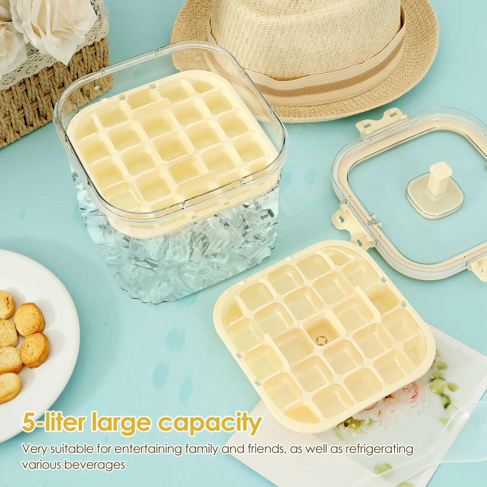 5L Plastic Ice Cube Storage Bucket with 48 Grids Mold Tray Large Capacity Ice Cube Container Outdoor Camping Portable Bucket