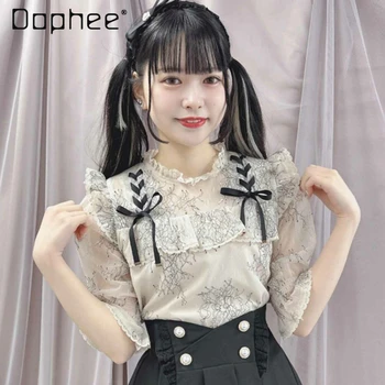 Japanese Rojita Shirt for Women Sweet Cutout Ruffle Sleeve Blouse 2024 Summer Mine Cute Girl Short Sleeve Lace Top with Ribbon