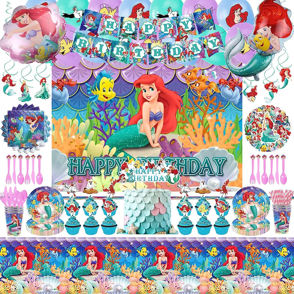 Disney Mermaid Ariel Party Decorations Tableware Disposable Cup Plate Nakpin Tablecloth Balloon Princess Birthday Party Supplies