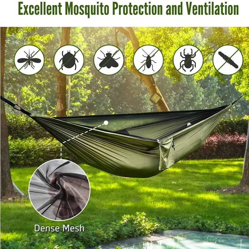 Double Travel Camping Hammock with Mosquito Net,Backpacking Portable Parachute 5+1 Ring Strap Hammock