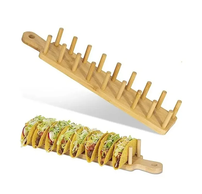 

Bamboo Wooden Taco Holder Potato Chips Corn Roll Rack Tray Shelf Tortilla ,Burritos Rack Tray Fit For To Parties And Restaurants