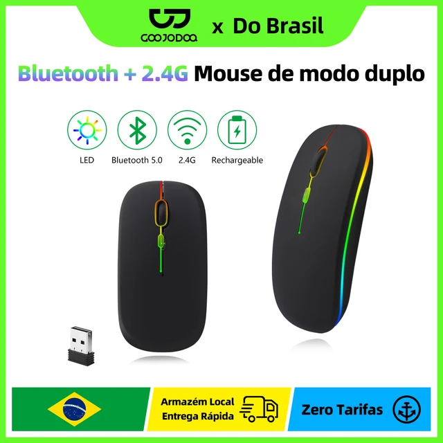 Mouse Bluetooth + 2.4G  de modo duplo recarregável luz colorida 800-1200-1600 DPI clique silencioso design ergonômico