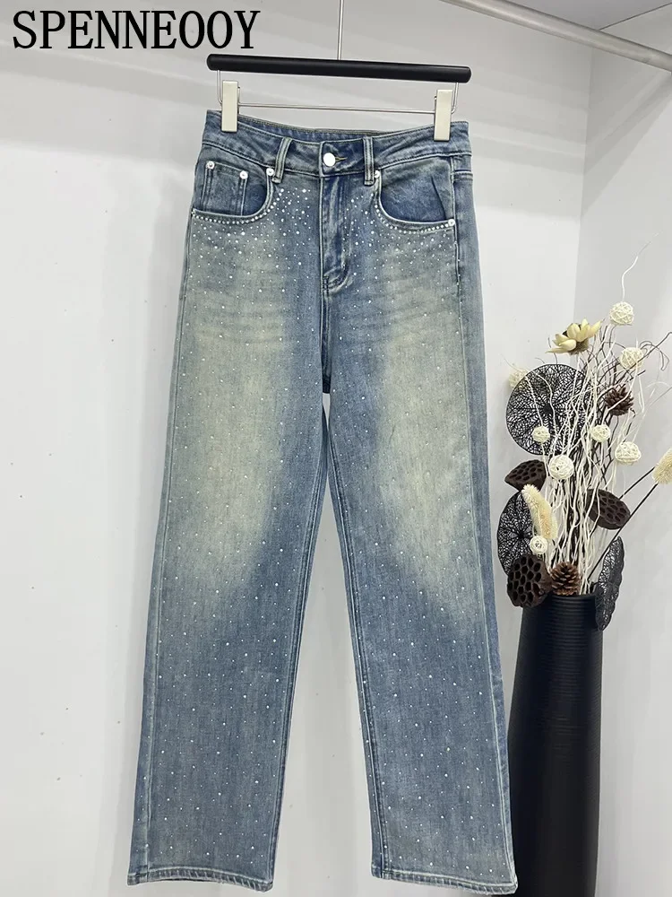 

Fashion Runway Autumn Blue Color Casual Jeans Women's Low Waist Button Multi Pocket Straight Barrel Pencil Trousers