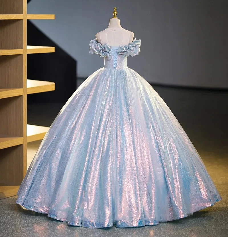 

Romantic Women's Evening Dresses Shiny A-Line Off The Shoulder Ball Gowns Boat Neck Sequin Fabric Elegant Dress For Formal Party