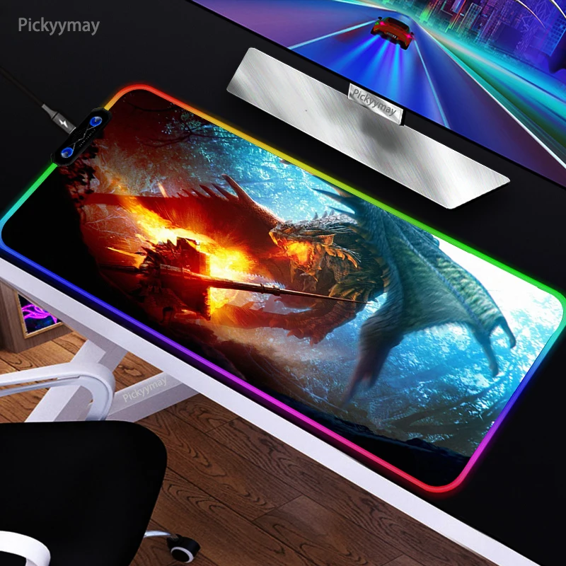 

Large Monster Hunter RGB Mouse Pad Anime Gaming Accessories Mousepad LED Mause Pad Gamer PC Desk Mat With Backlit Table Carpet