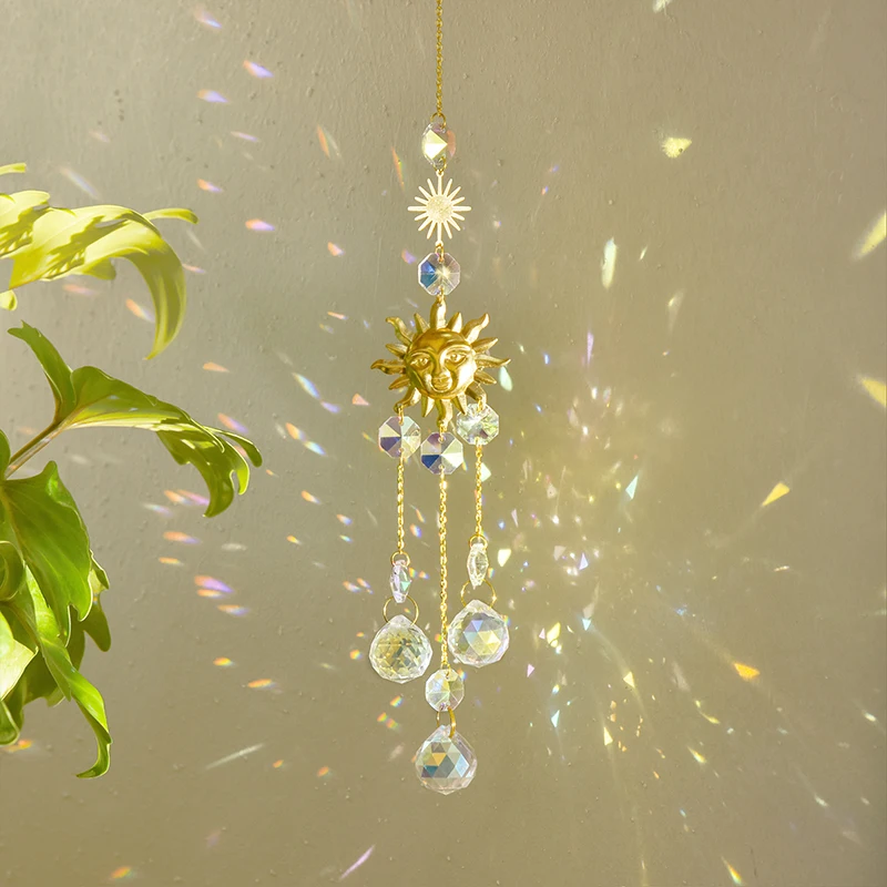 Gold crystal glass pendant star moon prism ball window pendant home lighting living room decoration wind chime garden light catc