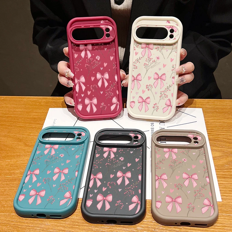 Elegant Pink Bow Flower Pattern Shockproof Phone Case - Solid Color, Soft Cover