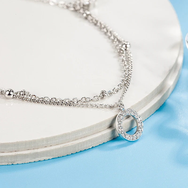 925 Sterling Silver Round Rhinestone CZ Pendant Double Layer Anklets Women Jewelry Summer Zircon Foot Chain