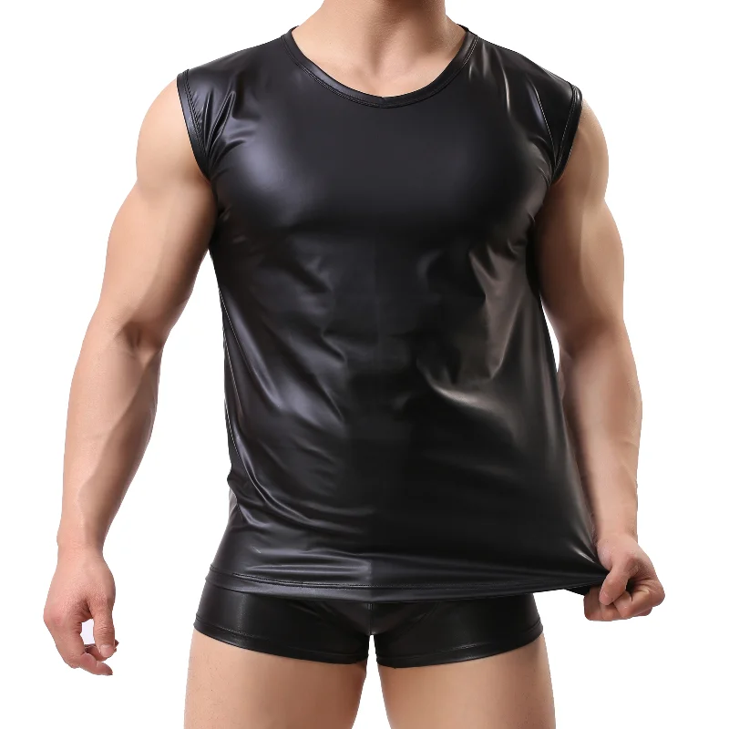 Sexy Mens Undershirts Sleeveless PU Leather T-shirts Slim Stage Nightclub Tank Tops Faux Leather Boxer Shorts Underwear