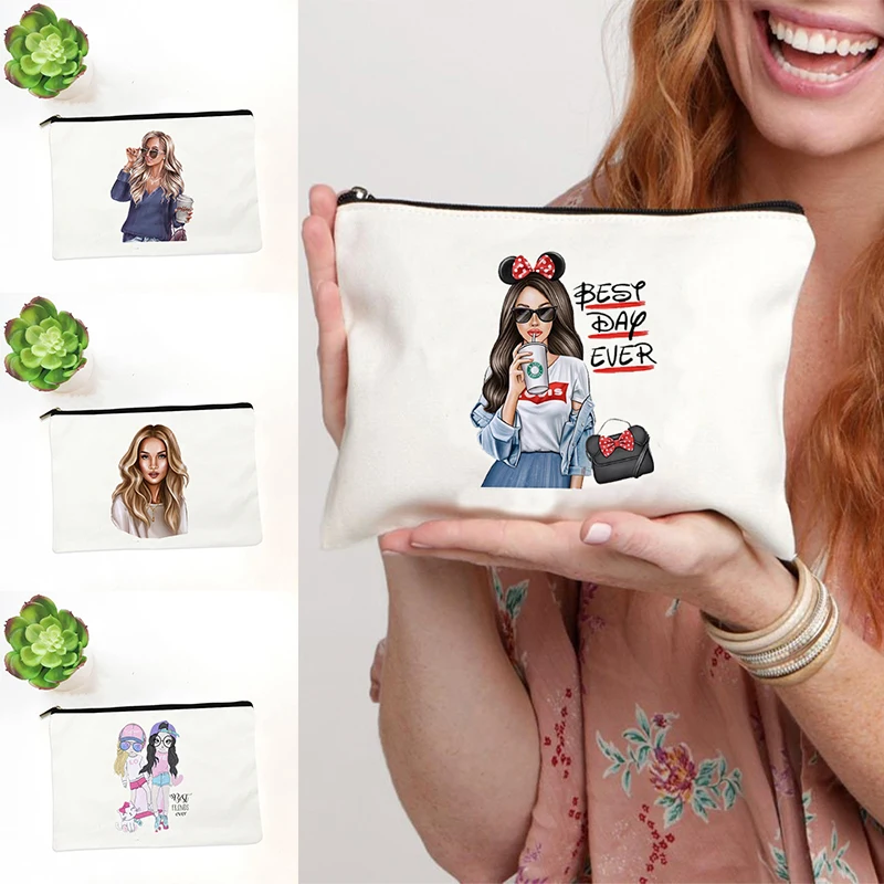 

Cartoon Cosmetic Bag Pencil Case Makeup Bags Best Day Ever Print Mujer Bolsas Be Your Queen in Your Life Bese Gift for Girls