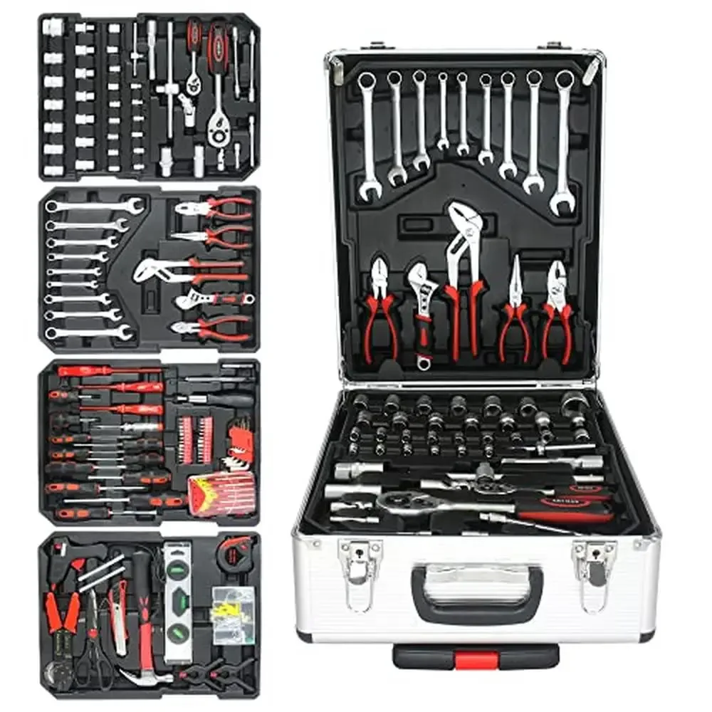 4 Layers Sliver Aluminum Rolling Tool Case Box on Wheels with 899pcs Household Tool Set Kit Durable Trolley Toolbox Home Repair