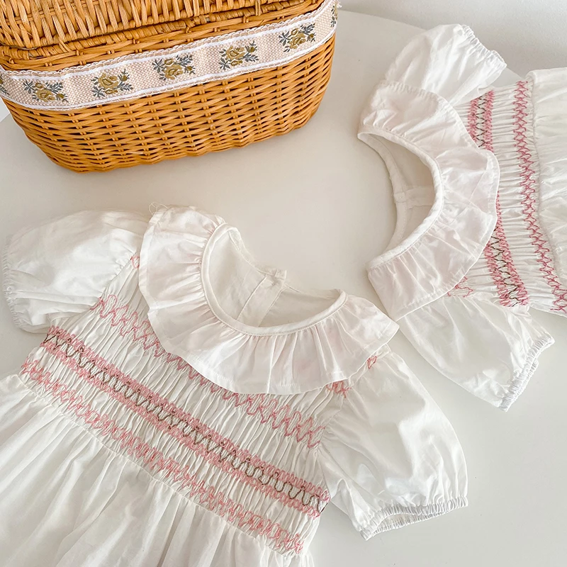 Summer Fashion Baby Girl Dress Lace Smocking Stitch Dress Infant Children Cotton Baby Bodysuit Family Matching Sister Outfit 5