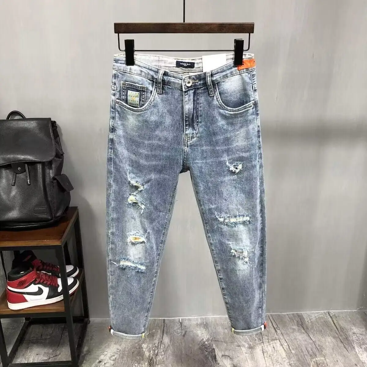 Fashion men's casual jeans vintage spring and autumn slim ripped jean pants with HOLE design men clothing luxury cargo pants