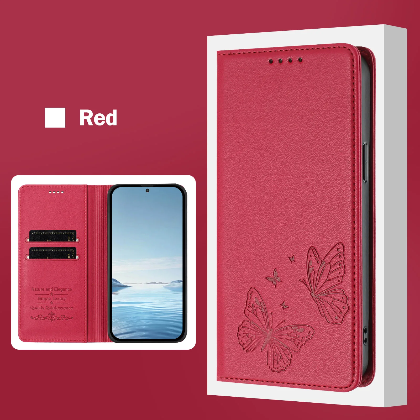 Double Butterfly Leather Wallet Case - Stylish Magnetic Flip Cover with Multi-Card Slots and Elegant Design