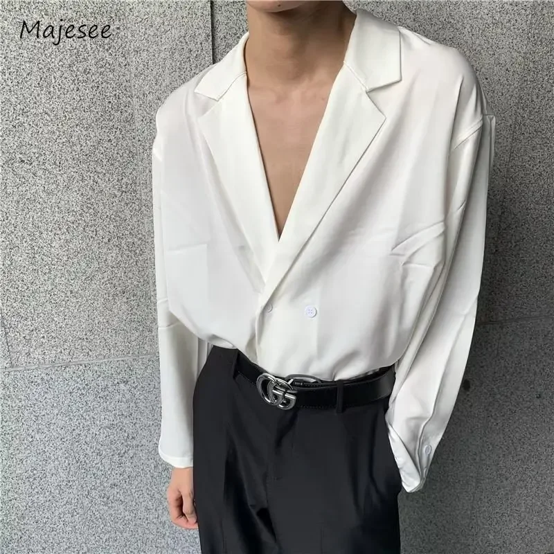 

Baggy Shirts Men V-neck Single Breasted Korean Style Handsome Popular Advanced Pure Color Slouchy Normcore Long Sleeve Retro