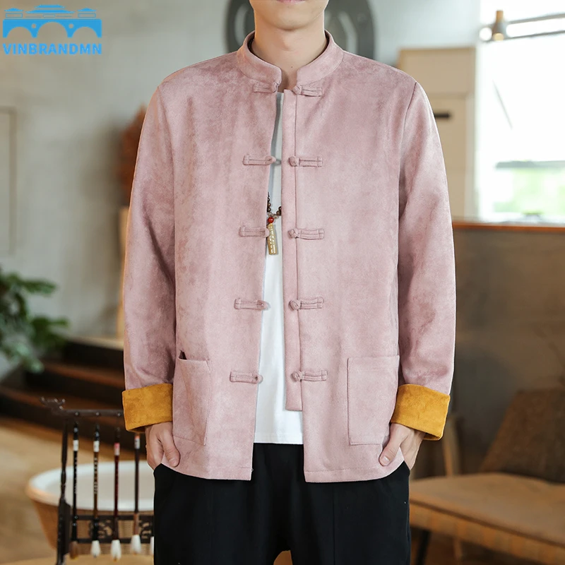 

Vinbrandmn Autumn Winter Men's Jacket Chinese Style Deerskin Velvet Coat Coil Buckle Suede Jacket Tang Coat Large Plus Size