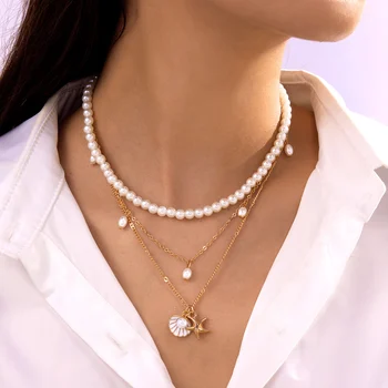 3 Pcs/Set Metal Shell Starfish Imitation Pearl Necklace for Women Pink Stone Ocean Style Pendant Choker Chain Beach Jewelry Gift