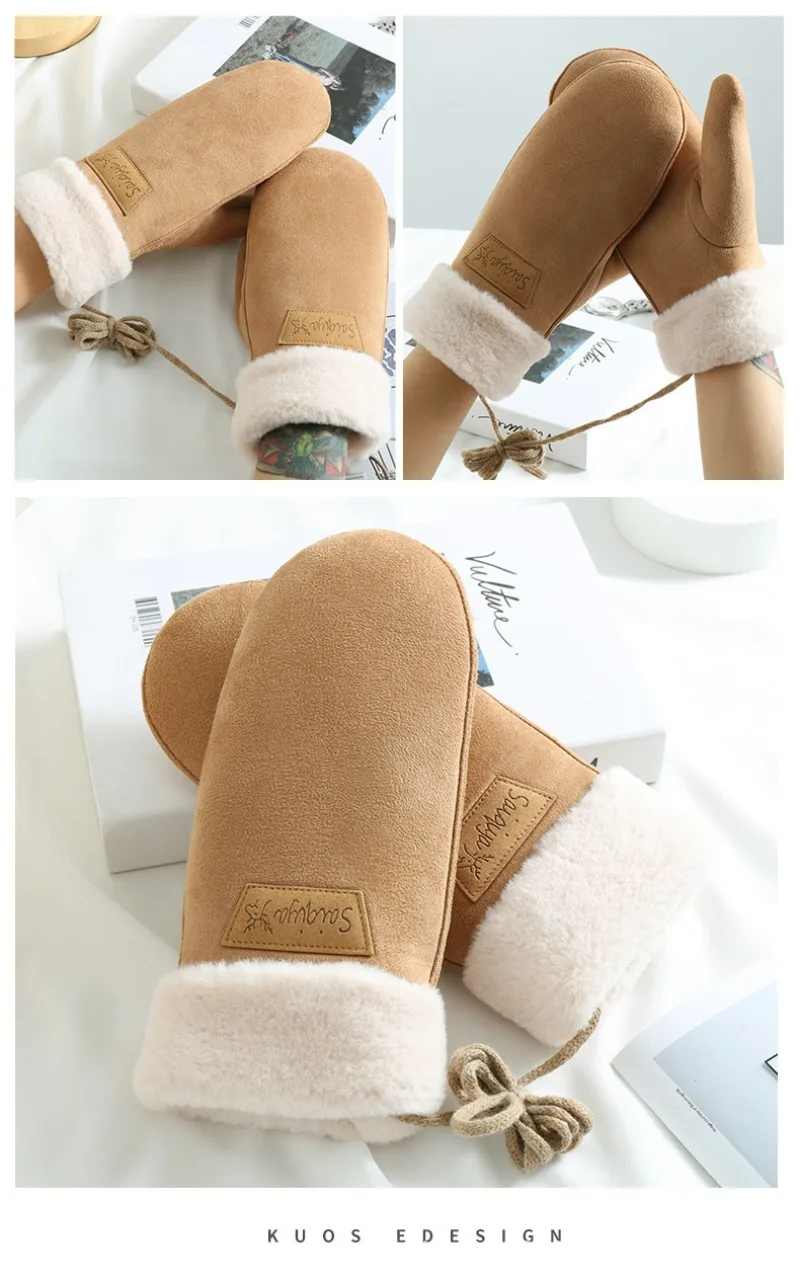 Suede Mittens Women Winter Keep Warm Thickened Hanging Rope Gloves Cute Lovely Sweety Windproof Outdoor Drive Cycling