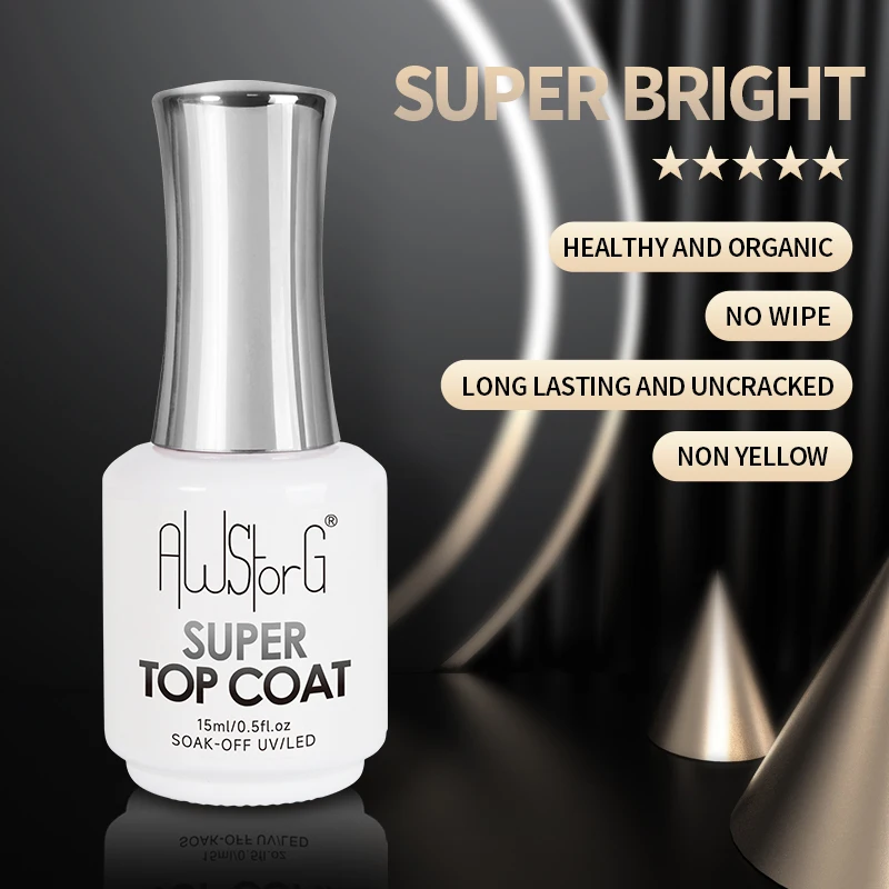 AWStorG 15ML Super Top Coat Nail Art Gel Varnish Semi Permanent Soak Off No Wipe UV Gel Varnish Shining Clear Top Coat 3