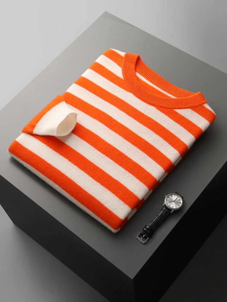 100% Merino Wool New Men's Pullover Sweater O-neck Long Sleeve Striped Knitwear Casual Jumper Spring Autumn Clothes Korean Top