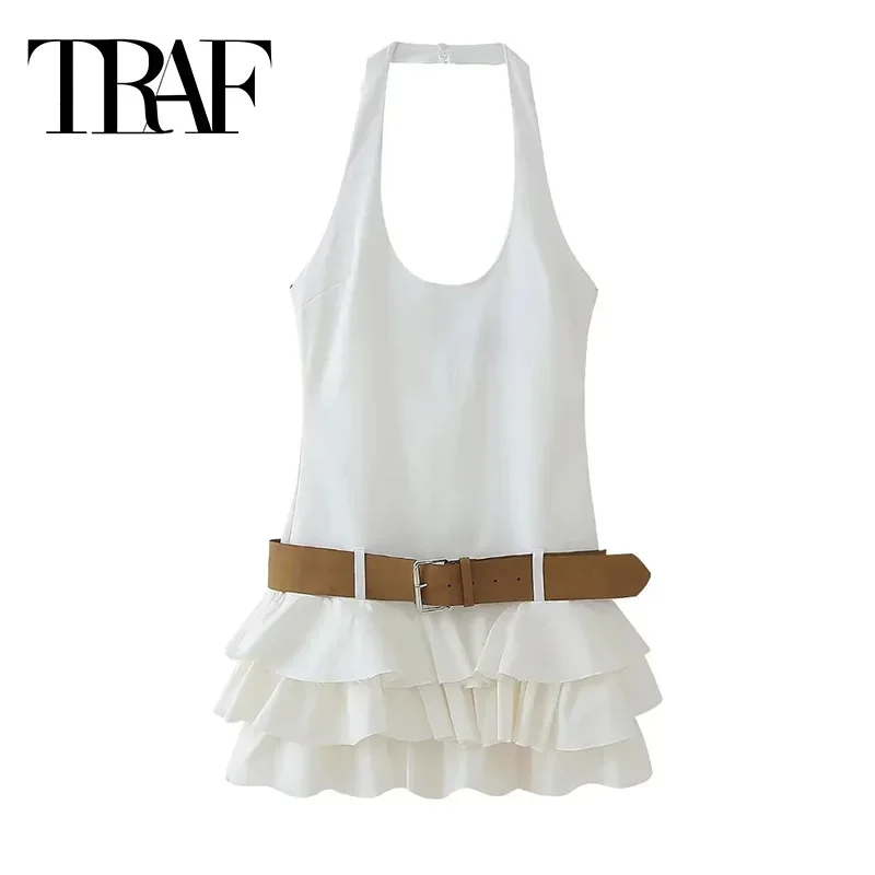 

TRAF Mini Ruffle Halter Dress Ruched Off Shoulder Short Dresses For Women 2024 Woman Off White Sleevless Backless Dress Summer