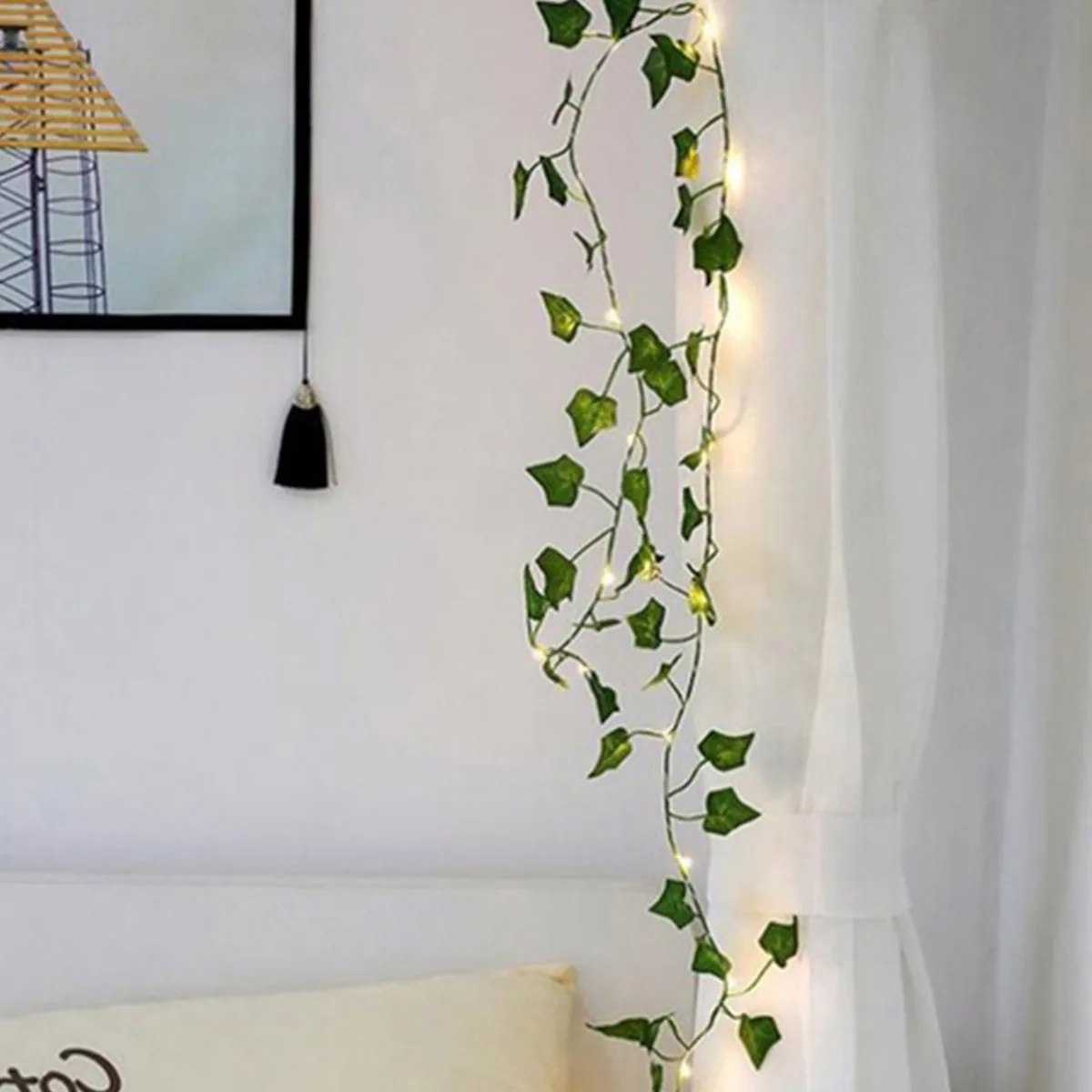 2M Artificial Maple Leaf Vine Hanging Green Leaves Vine with 20LED String Light Plastic Maple Leaves Vine Fake Plant for Wall 2