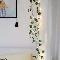 2M Artificial Maple Leaf Vine Hanging Green Leaves Vine with 20LED String Light Plastic Maple Leaves Vine Fake Plant for Wall 2