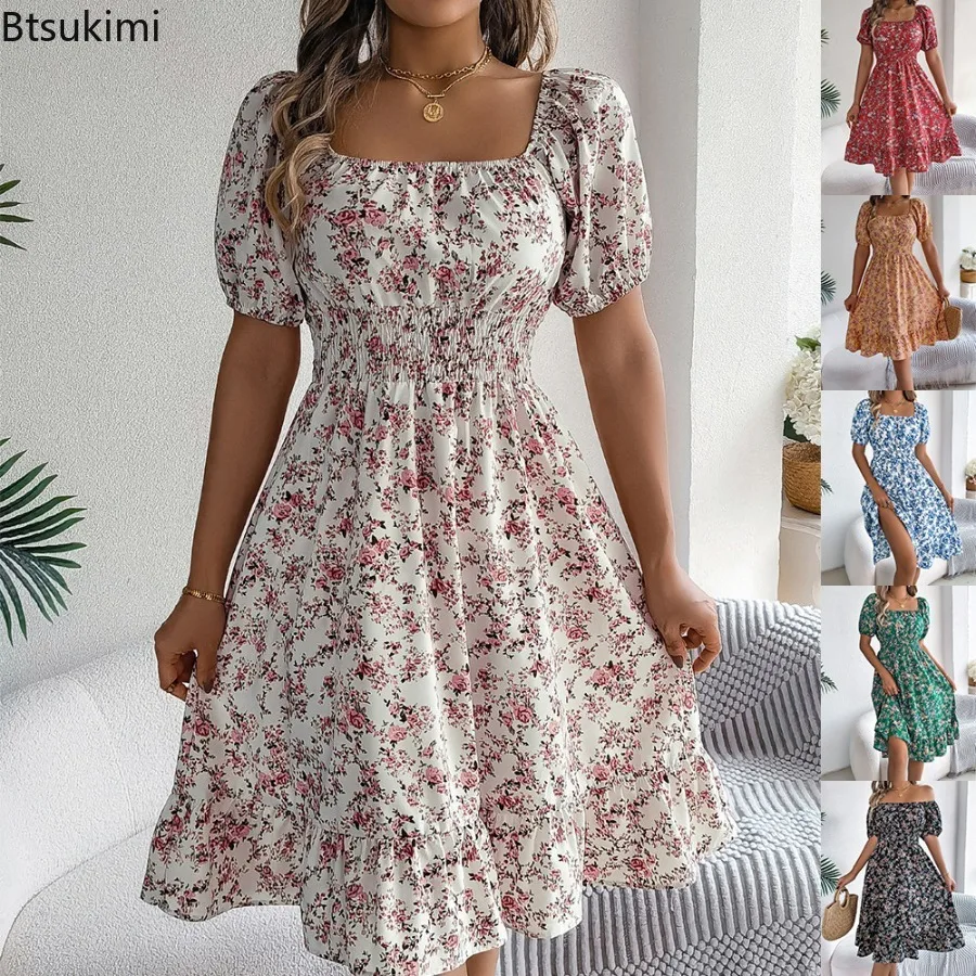 Neues elegantes Damenkleid mit Blumendruck, Sommerkleid mit kurzen Ärmeln, quadratischem Ausschnitt, Rüschenkante, A-Linien-Kleid, elastisches Minikleid mit hoher Taille