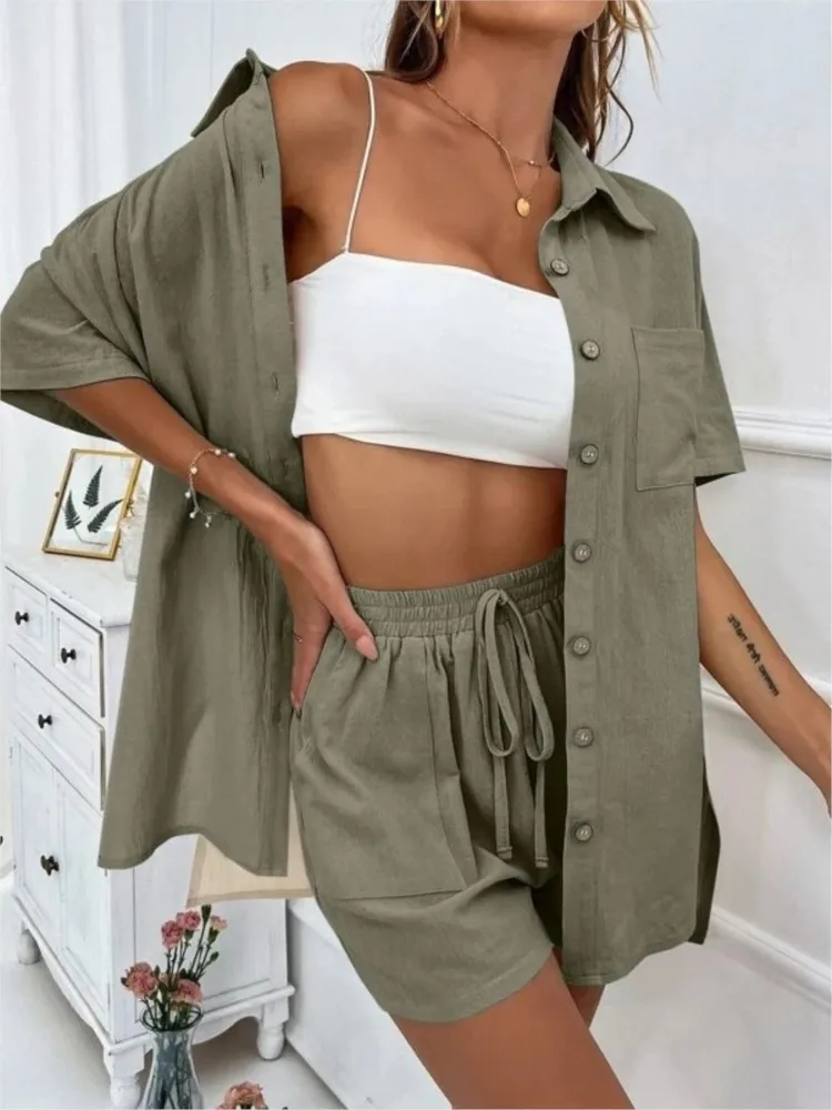 2023 Short Sets Fashion 2 piece Set Solid Color Long Sleeve Shirt Women Casual Loose Single-breasted 2 Piece Sets Outfits Summer tesco 2 women s suit triple breasted peak lapel clothes for women office sets 2 piece jacket blazer pants for office suit