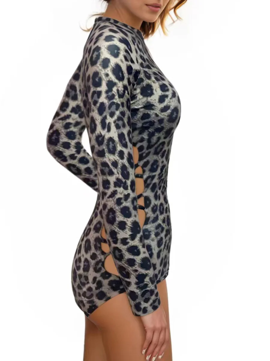 Leopard Long Sleeve Surfing Swimsuit Zipper Women Swimwear Female Bathers Bathing Swimming Swim Suit Beachwear