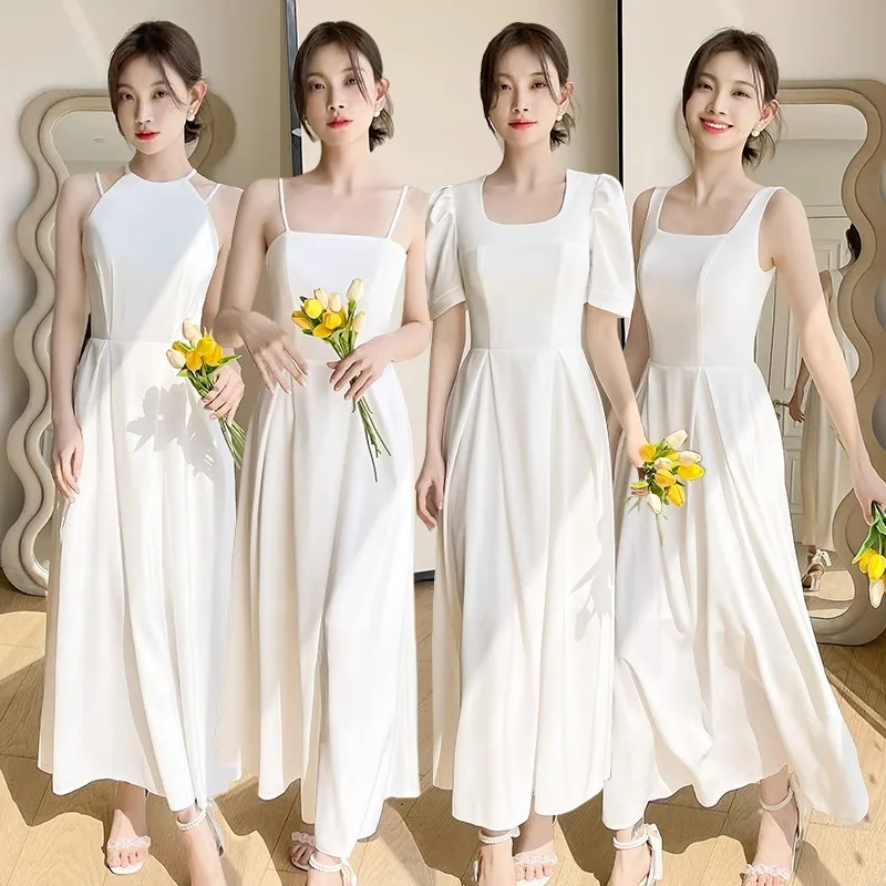 

Oversized White Sling Bridesmaid Dresses Women Square Collar Puff Sleeves A-line Homecoming Dress Simple Elegant Graduation Gown