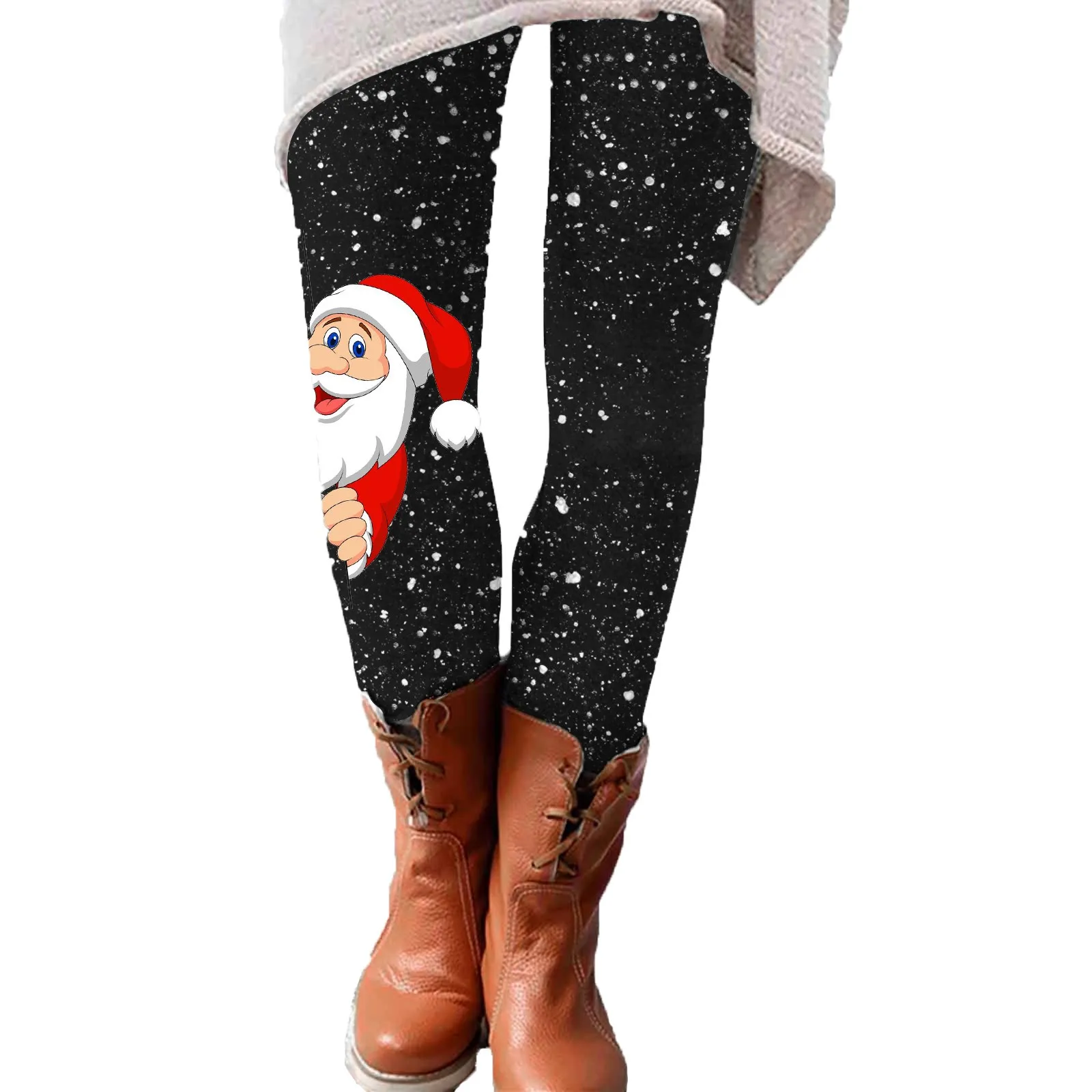 Women Cute Pattern Christmas Print Leggings Elastic Leggings Casual Pants Boots Pants