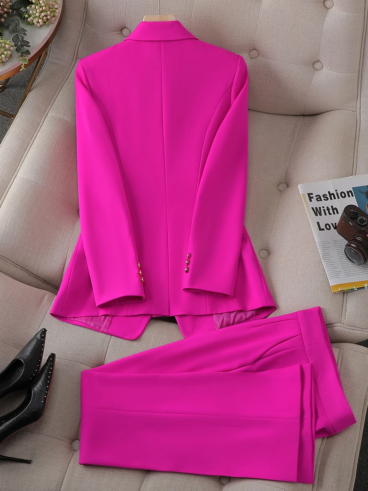 Hot Pink Solid 2-Piece Women Pantsuit Fashion Autumn Formal Outfit