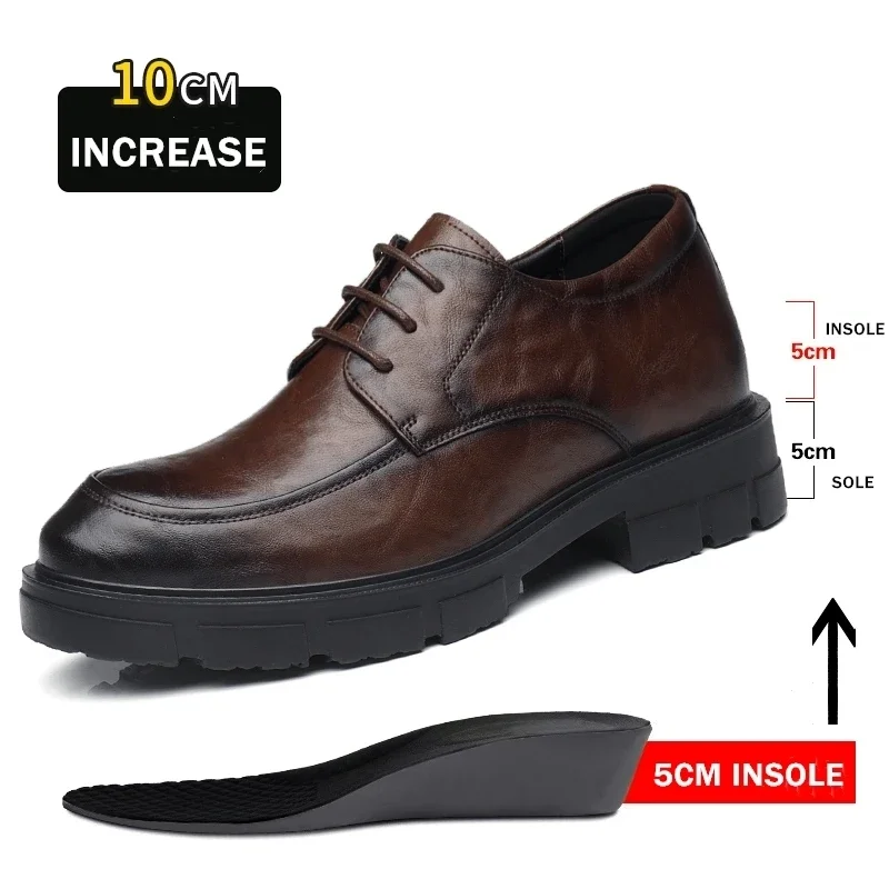 Men Dress Elevator Shoes Platform Breathable Lift Casual Business Luxury Genuine Leather Heightening Shoes 5/8/10CM Taller Male mens brogue shoes