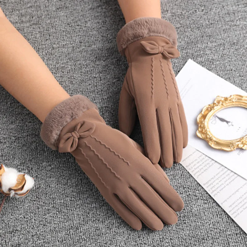 

Cute Bow Velvet Waterproof Touch Screen Driving Mittens Winter Women Outdoor Cycling Cashmere Thicken Windproof Warm Gloves L26L