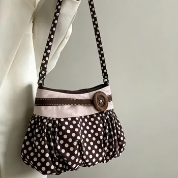 Borsa a Spalla Retrò a Pois con Bottoni in Legno, Borsa a Mano con Design Plissettato, Borsa Morbida a Forma di Raviolo, Borsa Casual a Righe per Pendolari