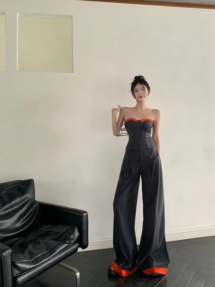 Causal Suit pants Design High Waist Loose Fitting Wide Leg Pants Casual Floor Mop Pants 2023 New Sleeveless Strapless Crop Tops