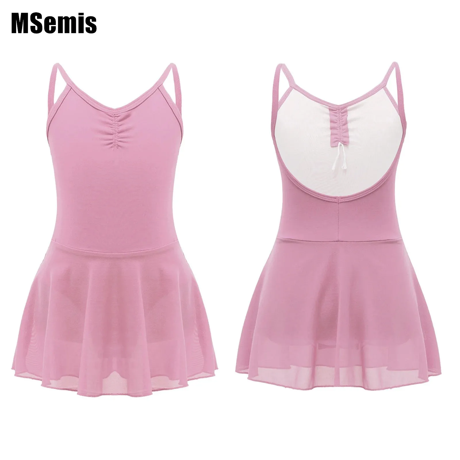 

Kids Girls National Examination Ballet Dress Backless Physical Dance Clothes Suspender V Neckline Ruched Front Solid Color