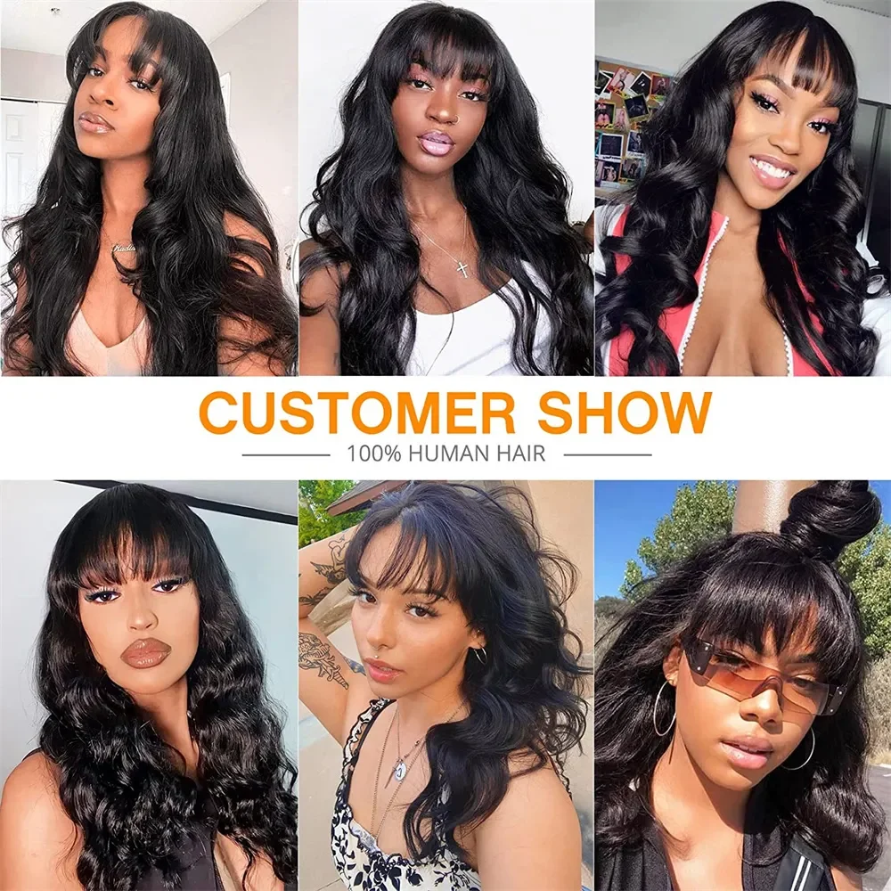 Glueless Body Wave Human Hair Wigs With Bangs Short Bob Wig 180% Density Brazilian Fringe Remy Full Machine Made Wig For Women