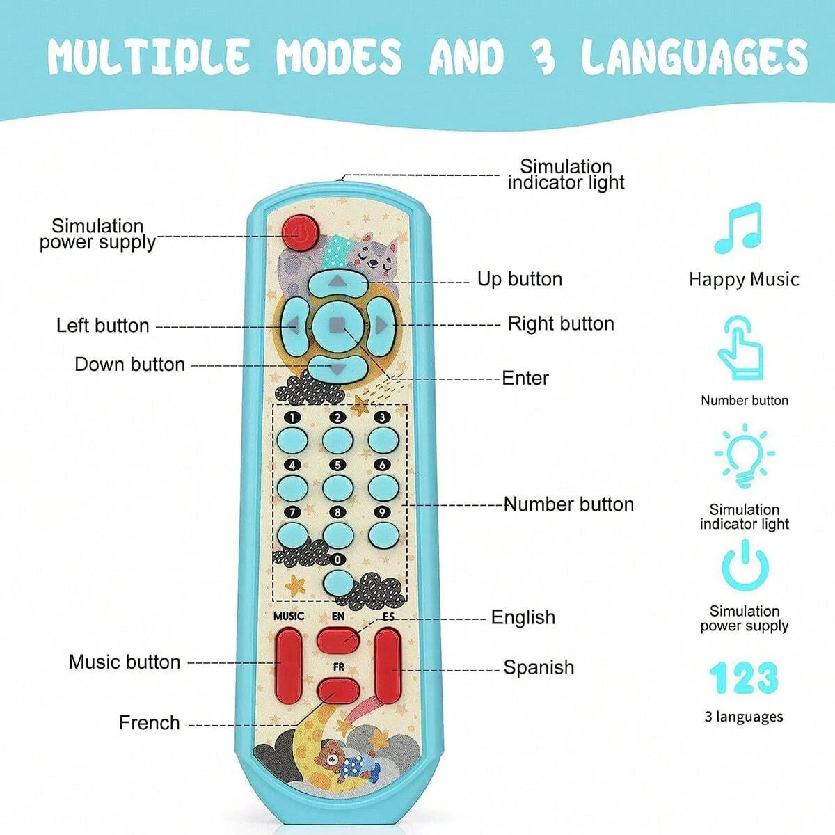 Children's Simulated TV Remote Control for Early Education English, French, Spanish Music, Battery Self provided 3
