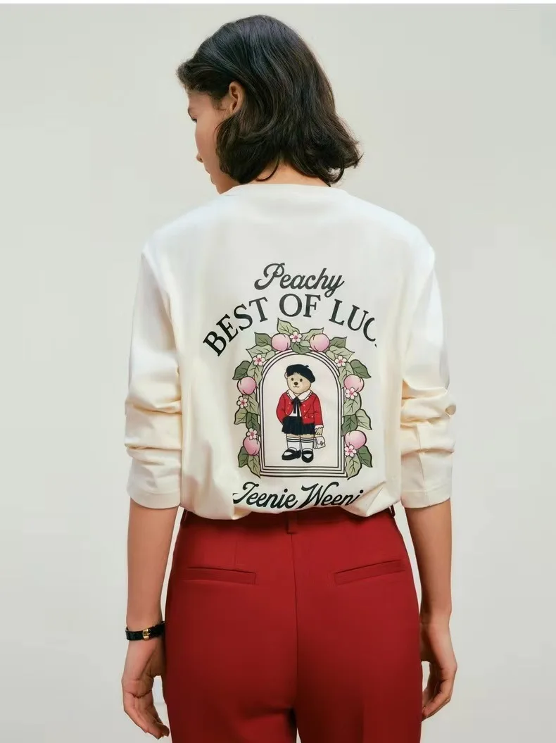 

Женские повседневные свободные толстовки, футболки, весенний свитшот с длинным рукавом, Простые Топы в стиле Харадзюку, футболка с персиковым принтом