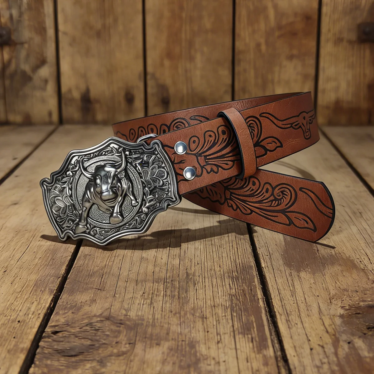 Plus Size Unisex Western PU Leather Vintage Belt with Bull Decoration and Horse Buckle