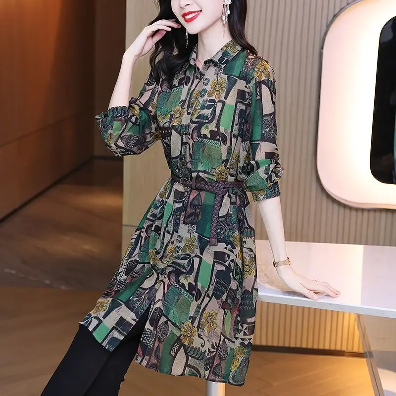 Vintage Hong Kong Style Printed Blouse 2023 Spring Autumn Waist Sashes Women's Clothing Lapel Commute Single-breasted Midi Shirt